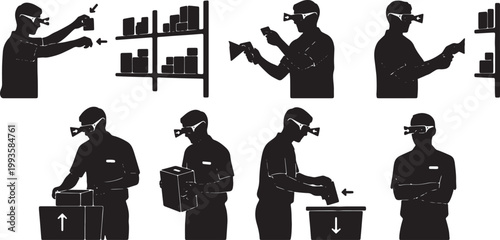 Black Solid AR Smart Glasses Stockroom Picking Silhouettes Set of Six on White Background