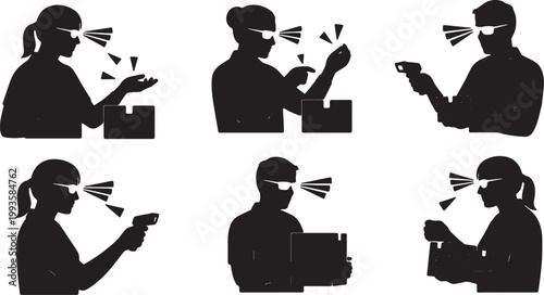 Black Solid AR Smart Glasses Stockroom Picking Silhouettes Set of Six on White Background