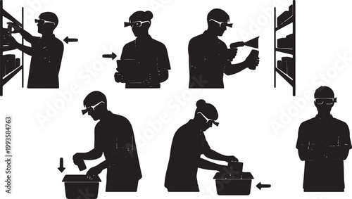 Black Solid AR Smart Glasses Stockroom Picking Silhouettes Set of Six on White Background