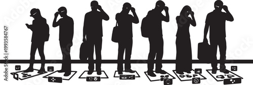 Black Solid AR Smart Glasses Subway Platform Gaming Silhouettes Set of Six on White Background