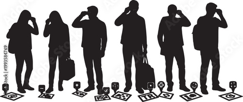 Black Solid AR Smart Glasses Subway Platform Gaming Silhouettes Set of Six on White Background