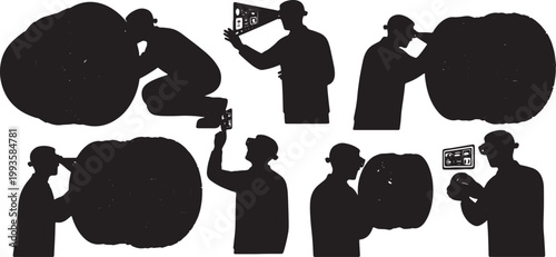 Black Solid AR Smart Glasses Turbine Inspection Silhouettes Set of Six on White Background