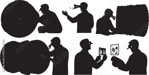 Black Solid AR Smart Glasses Turbine Inspection Silhouettes Set of Six on White Background