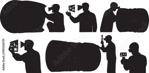 Black Solid AR Smart Glasses Turbine Inspection Silhouettes Set of Six on White Background