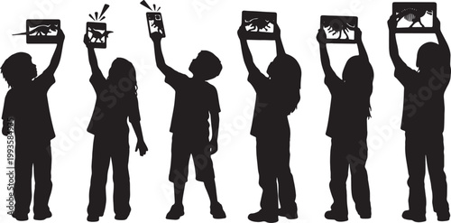 Black Solid AR Tablet Museum Dinosaur Silhouettes Set of Six on White Background