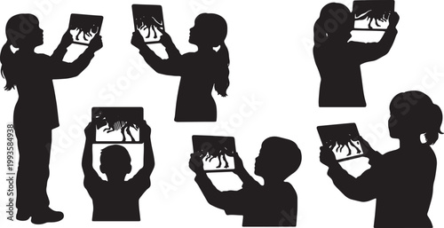 Black Solid AR Tablet Museum Dinosaur Silhouettes Set of Six on White Background