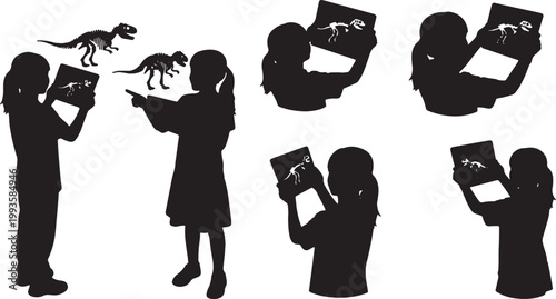 Black Solid AR Tablet Museum Dinosaur Silhouettes Set of Six on White Background