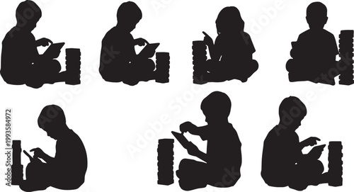 Black Solid AR Tablet Virtual Block Building Silhouettes Set of Six on White Background