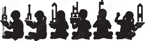 Black Solid AR Tablet Virtual Block Building Silhouettes Set of Six on White Background