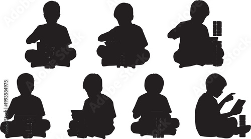 Black Solid AR Tablet Virtual Block Building Silhouettes Set of Six on White Background