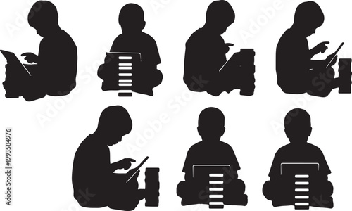 Black Solid AR Tablet Virtual Block Building Silhouettes Set of Six on White Background