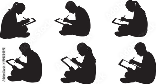 Black Solid Artist Tablet Sketching Silhouettes Set of Six on White Background