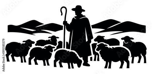Traditional shepherd in a hat and cloak holding a staff, guiding a flock of sheep on a hillside with mountains in the background