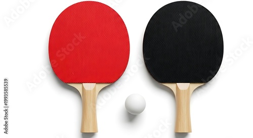 Table tennis paddles red black rubber with white ball scene