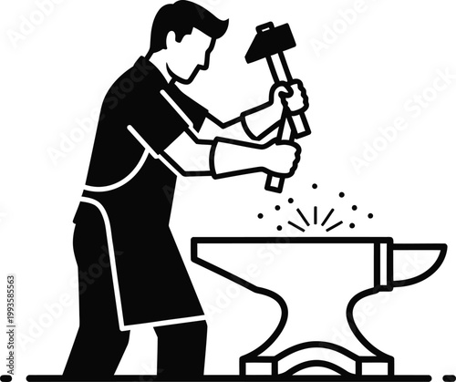Blacksmith silhouette hammering hot metal on anvil with sparks flying, traditional ironwork craftsman forging labor industry concept vector