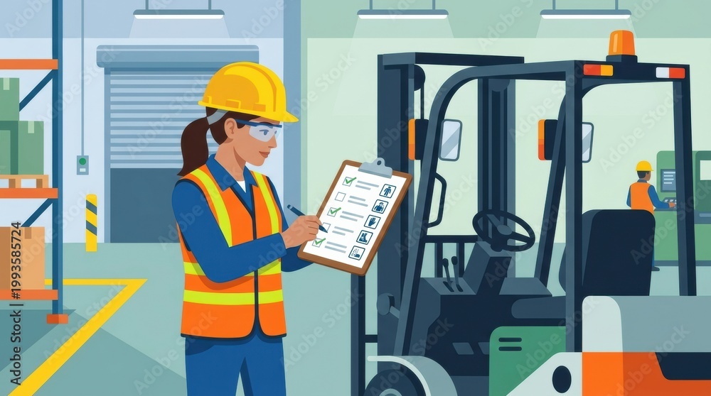 Fototapeta premium Worker Reviews Safety Checklist at Construction Site While Observing Equipment and Other Workers in the Background During Daytime
