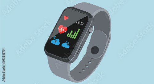 Modern smartwatch displaying health and weather data on a blue background, digital technology concept