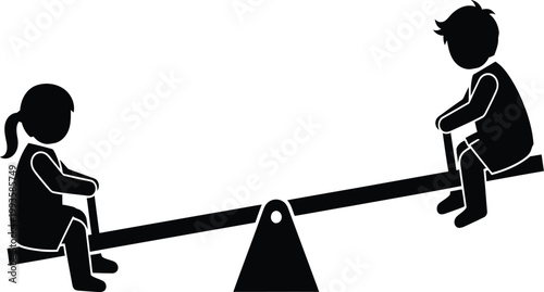 Boy and girl silhouette playing on seesaw teeter totter playground, happy children fun outdoor activity kids concept vector