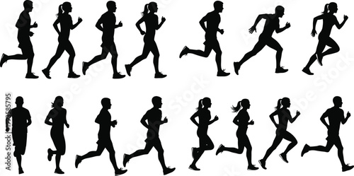 Running Men and Women Silhouette Vector Set Featuring Jogging People in Various Poses for Fitness Training Sport Activity and Healthy Lifestyle Design