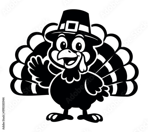 Adorable Thanksgiving turkey character in a pilgrim hat, cheerfully waving and smiling in a black and white illustration