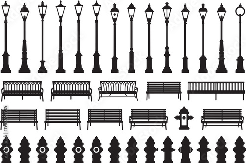 black silhouettes of street lamps benches and fire hydrants