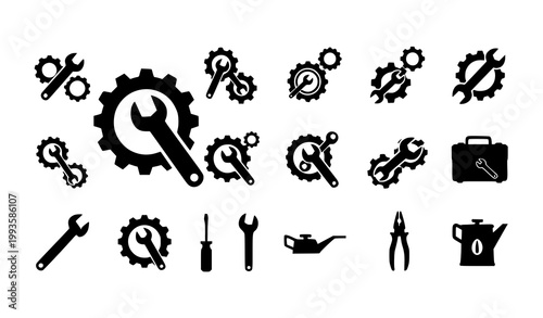 Technical maintenance infographic icon vector set with wrench cogwheel symbols 15 pcs flat design