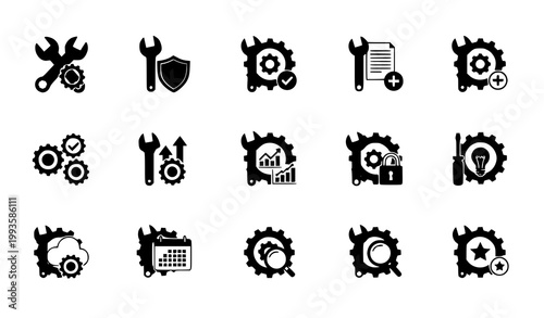 Wrench and gear icon vector set 15 pcs with repair maintenance and service symbols flat design