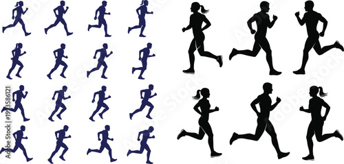 Running Silhouette Set Vector Illustration Featuring Men and Women Jogging in Multiple Poses for Fitness Training Sport Activity and Healthy Lifestyle Design
