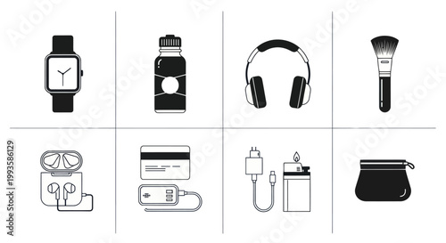 Everyday Essentials Icons: Smartwatch, Headphones, Makeup, Tech Gadgets, and More