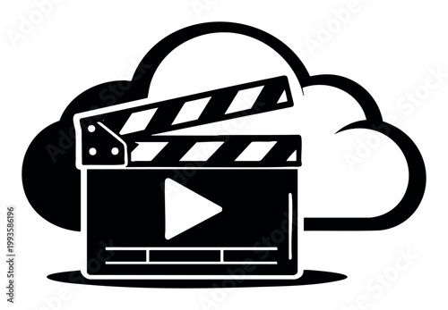 Cloud icon with a clapperboard and play button symbolizing online video streaming, digital content, and movie production services