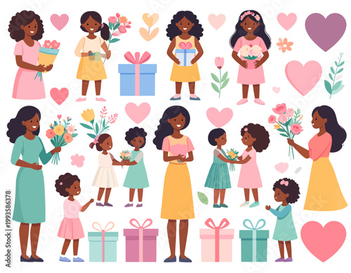 Happy Mother's Day Illustration Set with Loving Mothers and Children