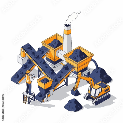 Industrial coal processing plant with conveyor belts and excavator.