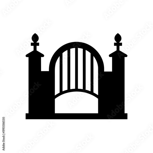Architectural illustration of an ornate gate with twin towers and arches