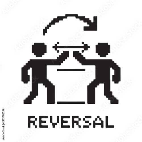Pixelated illustration depicts two figures engaged in a reversal action
