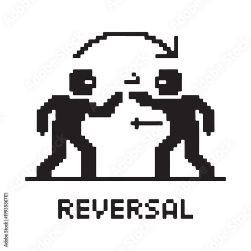 Pixelated illustration depicts two figures exchanging or reversing positions