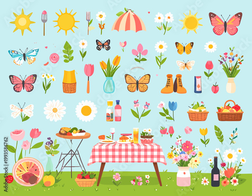 Cute Spring Picnic Elements Collection with Flowers Butterflies and Food Icons