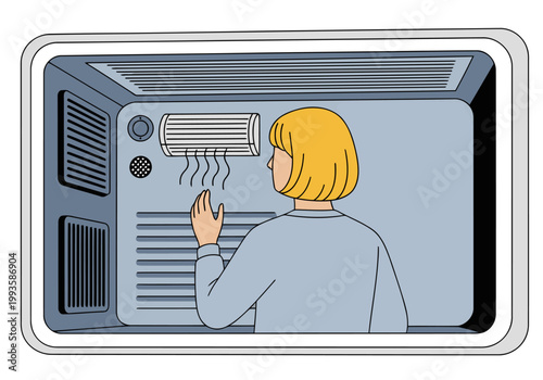 A woman adjusts a ventilated pod air quality system. Clean, modern illustration showcasing a user interacting with the device. Focus on clarity and design.
