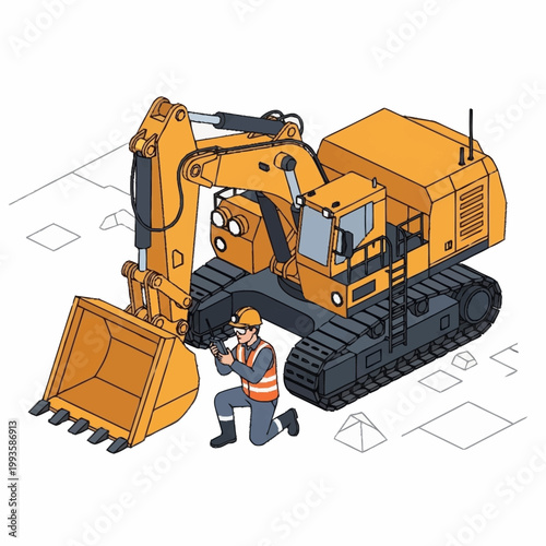 Construction worker inspects large yellow excavator on building site.