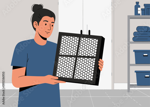 A young adult woman replaces an activated carbon air filter in a modern home. Clear, bright, and instructional. Focus on simple maintenance.