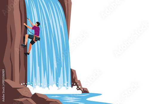 A male climber ascends a waterfall, showcasing an adrenaline-pumping adventure. Dynamic composition, vibrant water, and a stunning natural backdrop. Perfect for action and outdoor themes.