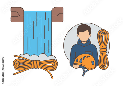 A climber prepares for a waterfall descent, utilizing ropes and gear. A focused climber wears helmet and harness, ready for the challenge. Dynamic, adventurous scene.