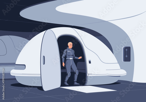 A futuristic pod design features a figure exiting a sleek, organic dwelling. Modern, minimalist, and visually striking, ideal for tech or sci-fi concepts.