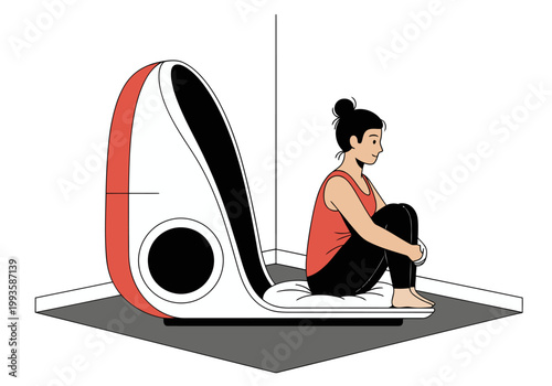 A young woman finds calm in a compact sensory pod. The design offers a private, soothing space for relaxation and mindfulness. Modern, minimalist aesthetic.