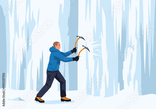 An ice climber uses climbing tools to ascend a towering ice waterfall. Dynamic action shot, winter landscape, dramatic and visually striking.
