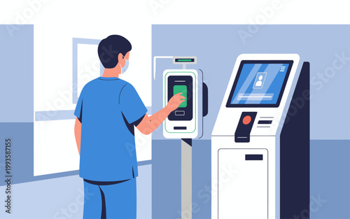 A healthcare worker uses biometric ID at a modern kiosk. Clean, professional, and focused on patient identification. Suitable for healthcare and technology themes.