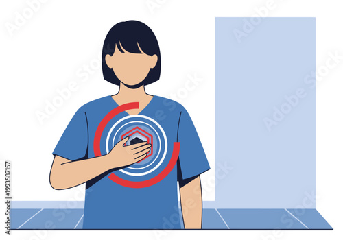 A healthcare professional palpates their chest with a bio-sensor, highlighting health monitoring. Clean, modern illustration with a focus on wellness and technology.