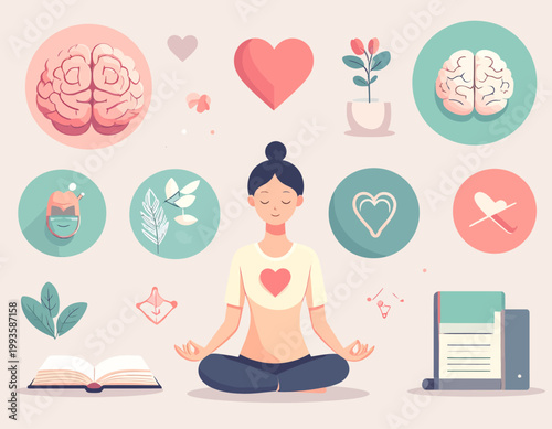 Mental Health Awareness Illustration of Woman Meditating with Brain and Heart Icons