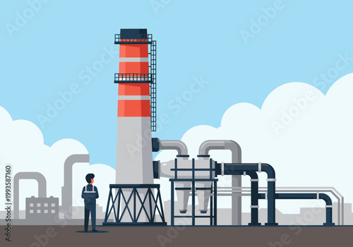 Industrial carbon scrubber tower dominates the landscape. A worker observes the complex machinery, showcasing a large-scale industrial setting. Clean, modern illustration.