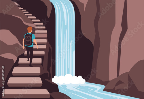 A hiker ascends a stone staircase towards a stunning waterfall. The scene evokes adventure and natural beauty. Ideal for travel, outdoor, and lifestyle visuals.