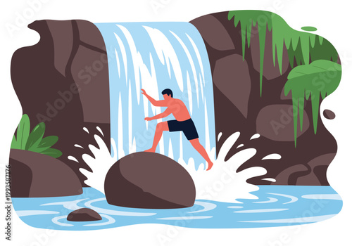 A man bravely climbs a tropical waterfall, splashing through the water. Dynamic action shot, vibrant colors, and lush jungle backdrop. Perfect for adventure travel marketing.